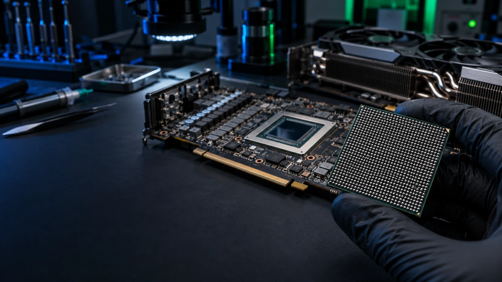 Visualização conceitual de reparo de GPU com matriz de esferas BGA em destaque