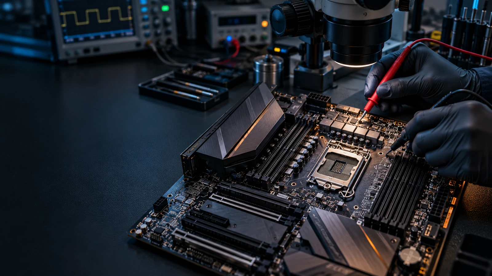Visualização conceitual de uma placa-mãe desktop sendo analisada com microscópio e sondas de medição