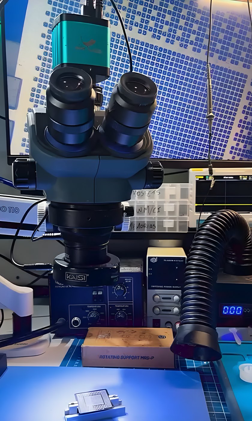 Microscópio estéreo na bancada, com chip de placa de vídeo pronto para rebalagem
